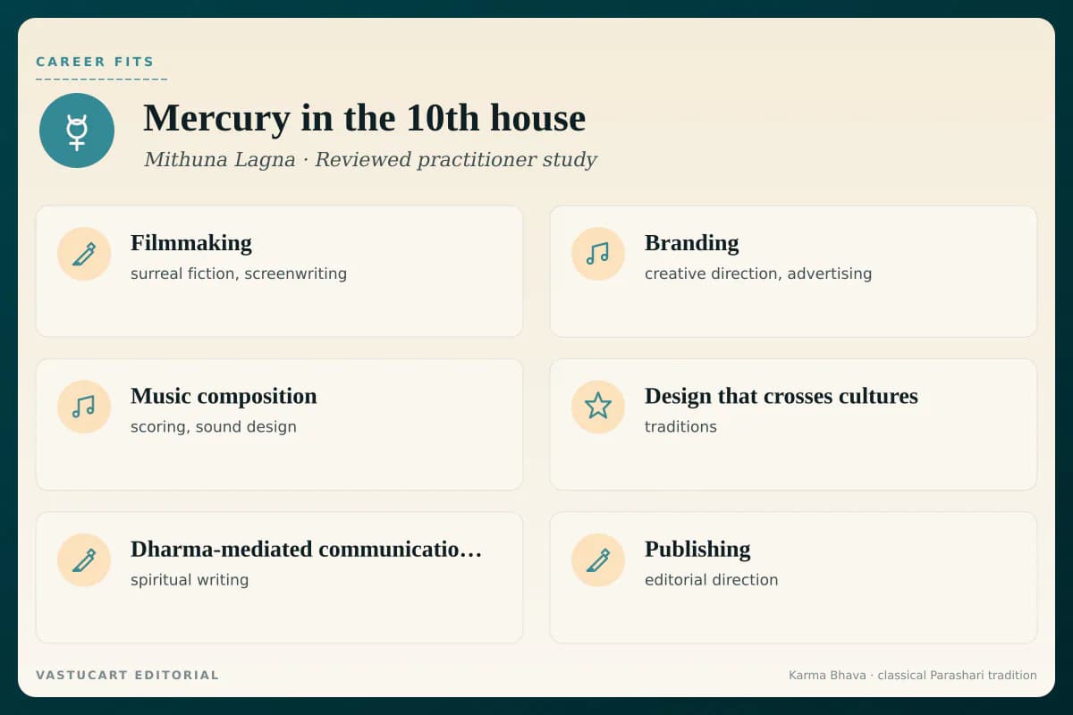 Mercury in 10th house career fits infographic for Mithuna Lagna natives, six imaginative-vocation paths