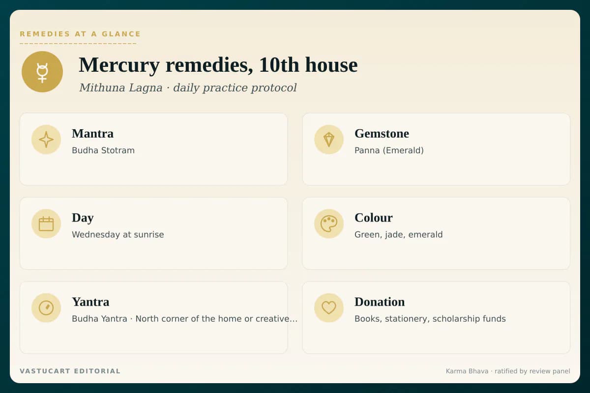 Mercury 10th house remedies infographic showing mantra, gemstone, day, colour, yantra, and donation