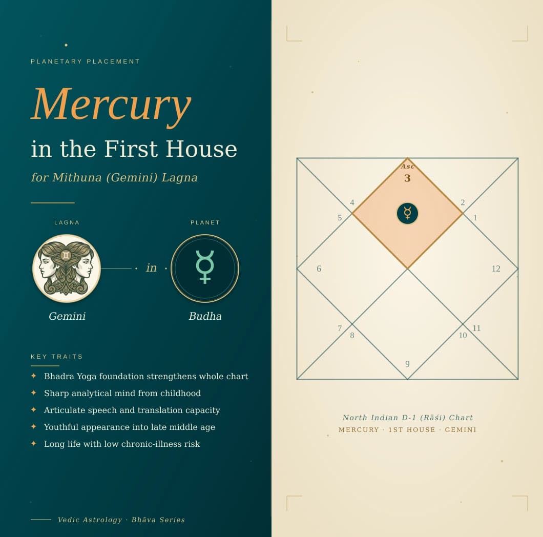 Emerald-green Budha in the first house of a Mithuna Lagna kundali in Mithuna