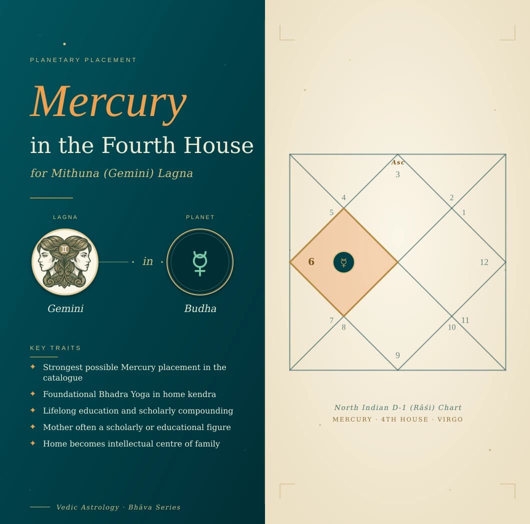 Emerald-green Budha in the fourth house of a Mithuna Lagna kundali in Kanya