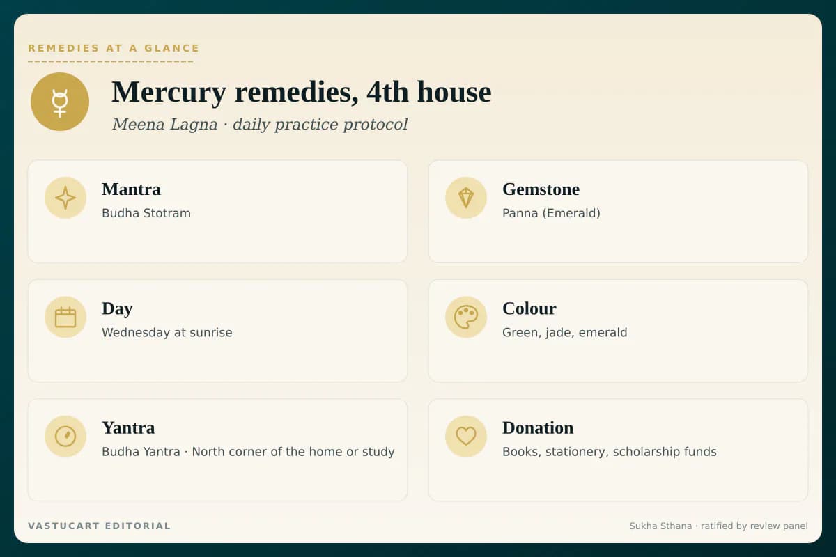 Mercury 4th house remedies infographic showing mantra, gemstone, day, colour, yantra, and donation