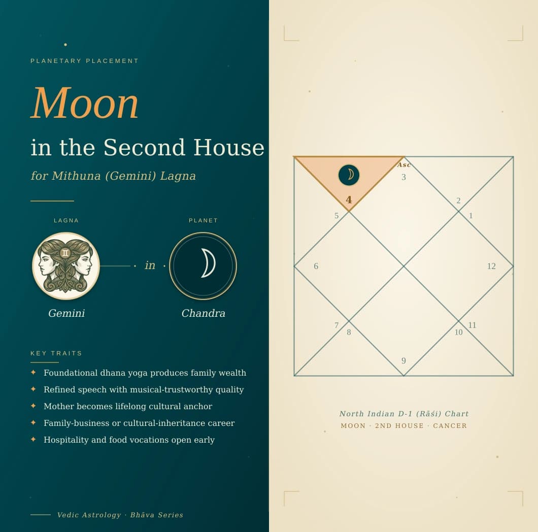 Pearl-white Chandra in the second house of a Mithuna Lagna kundali in Karka