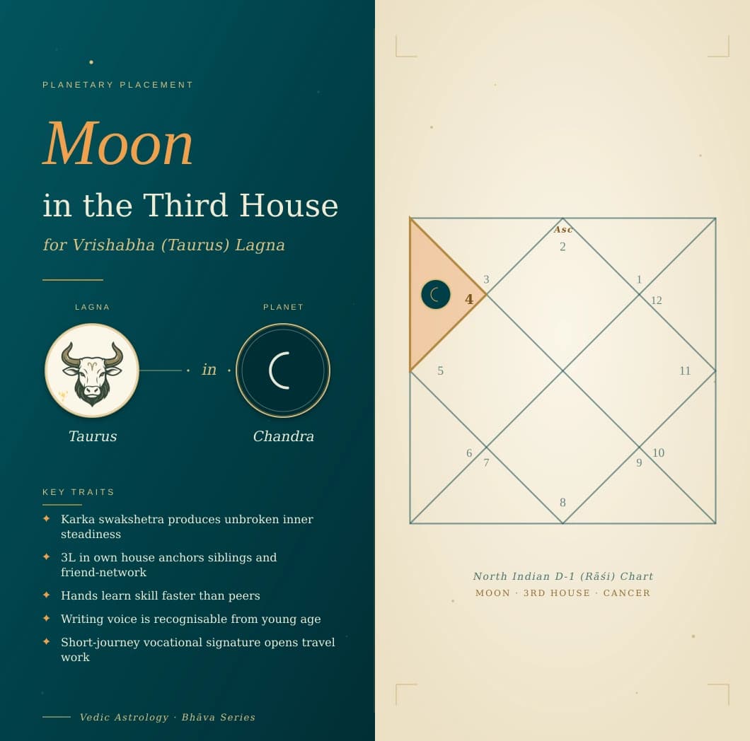 Chandra in the third house of a Vrishabha Lagna kundali in own sign Karka