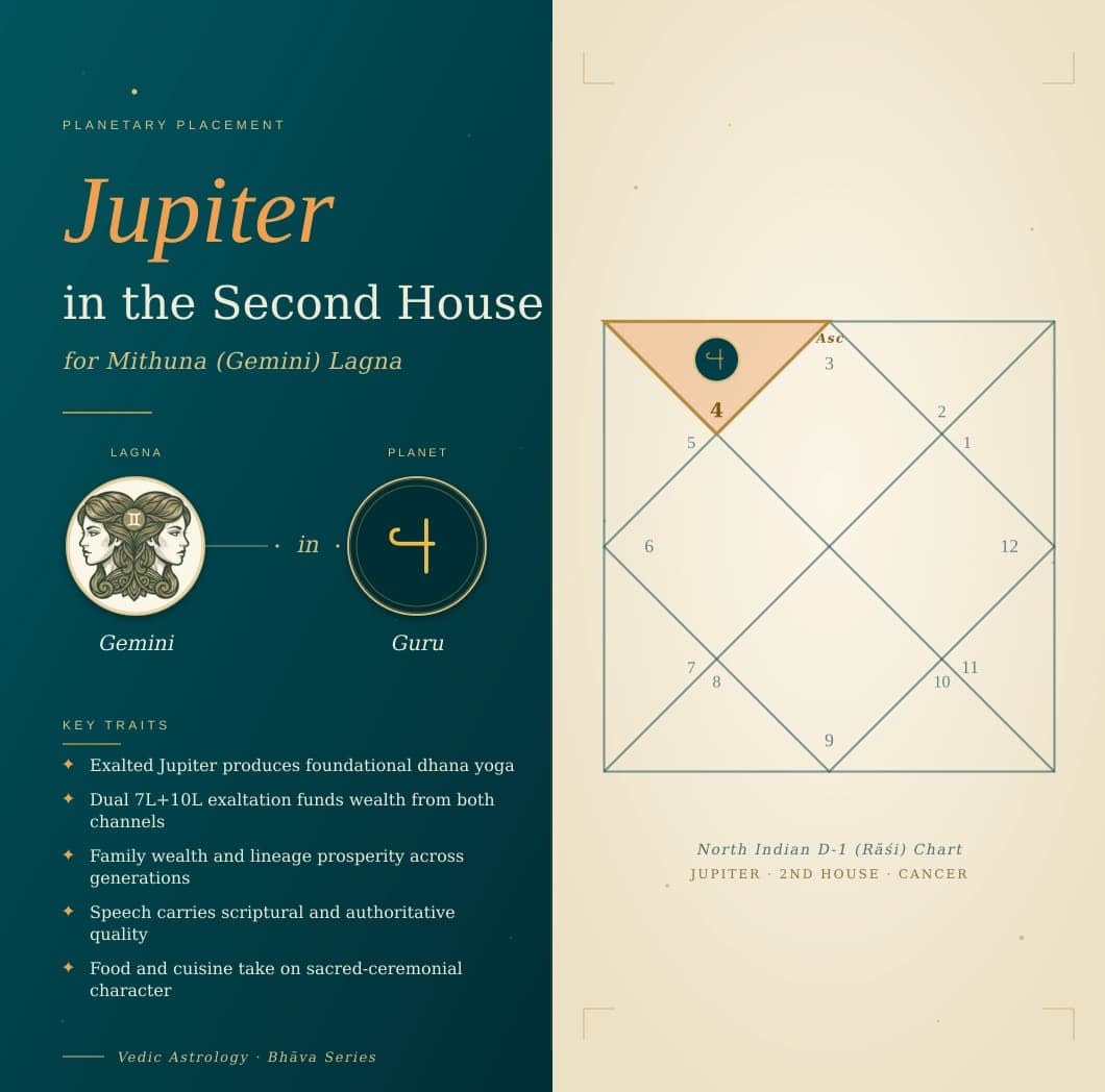 Golden-yellow Guru in the second house of a Mithuna Lagna kundali in Karka