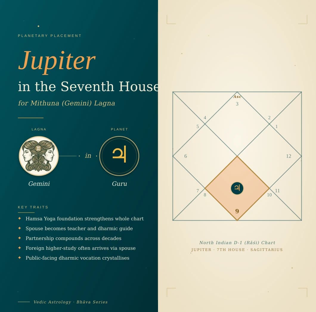 Golden Guru in the seventh house of a Mithuna Lagna kundali in Dhanu