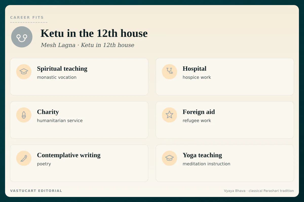 Ketu in 12th house career fits infographic for Mesh Lagna natives, six career paths with brand-coloured icons