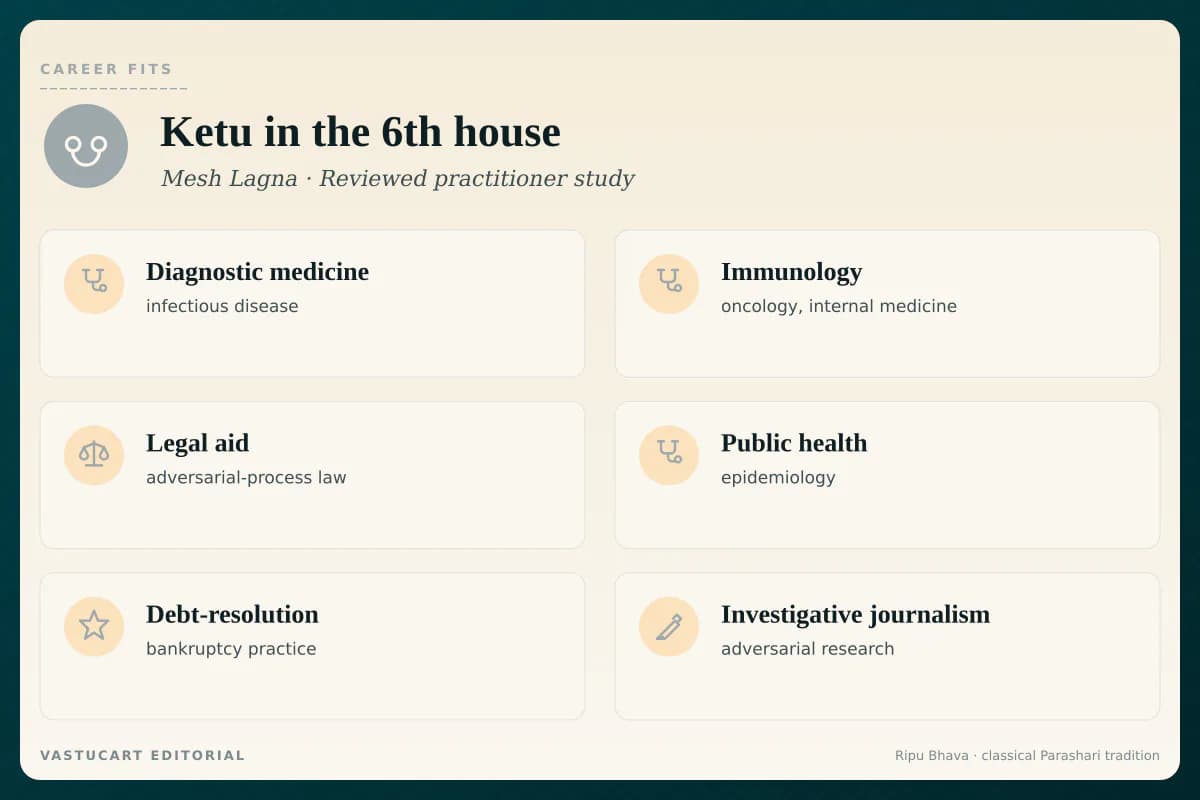 Ketu in 6th house career fits infographic for Mesh Lagna natives, six service-vocation paths