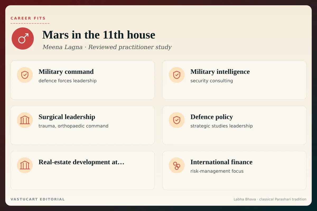 Mars in 11th house career fits infographic for Meena Lagna natives, six dharmic-warrior paths