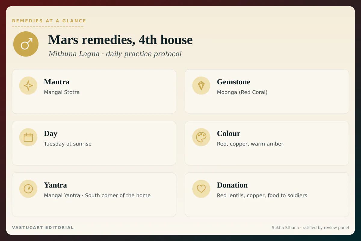 Mars 4th house remedies infographic showing mantra, gemstone, day, colour, yantra, and donation