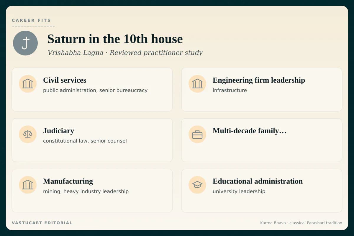 Shani in 10th house career fits infographic for Vrishabha Lagna natives, six institutional paths