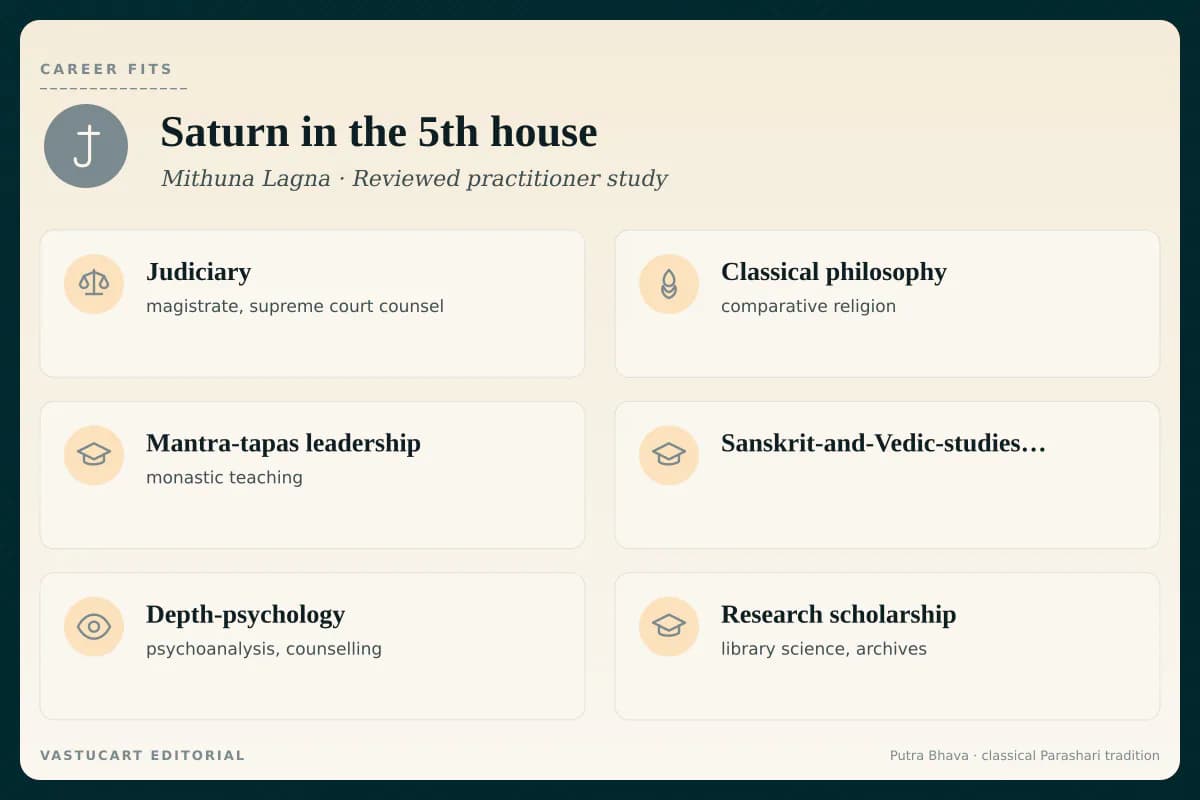 Saturn in 5th house career fits infographic for Mithuna Lagna natives, six depth-wisdom paths