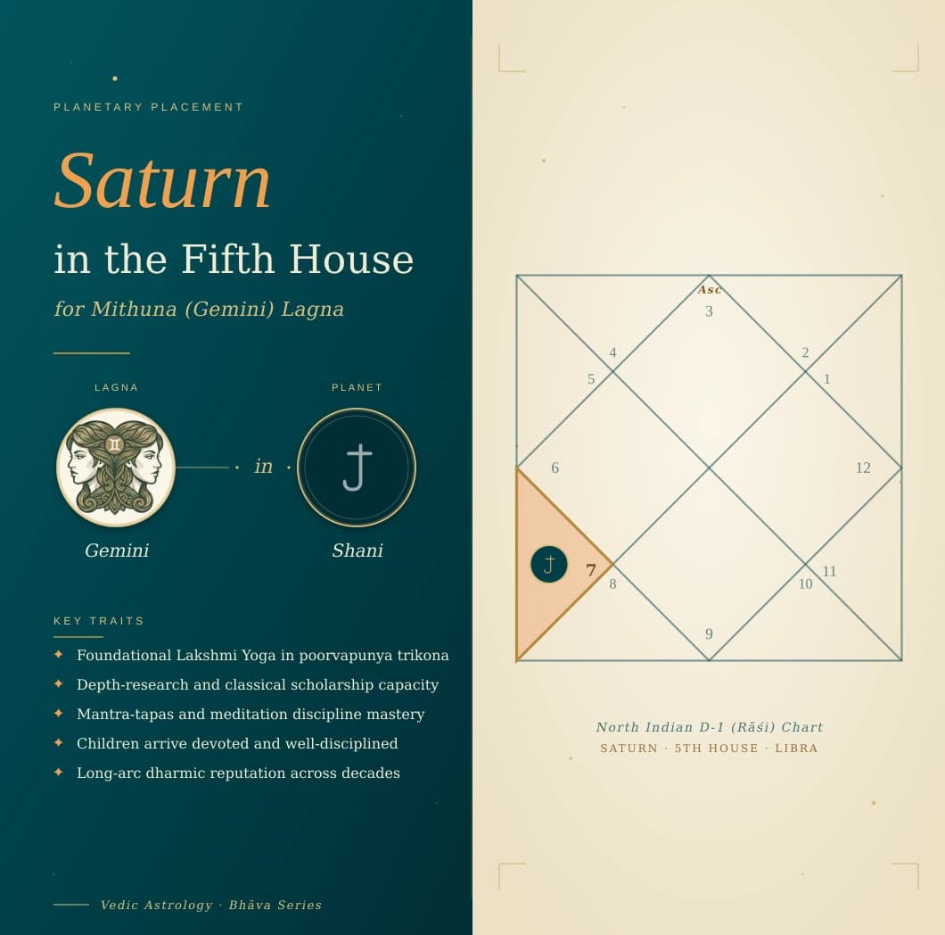 Indigo Shani in the fifth house of a Mithuna Lagna kundali in Tula