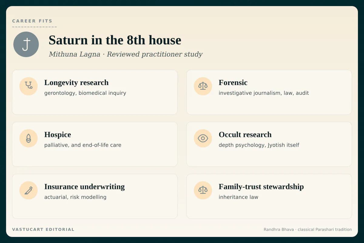 Saturn in 8th house career fits infographic for Mithuna Lagna natives, six longevity-research paths