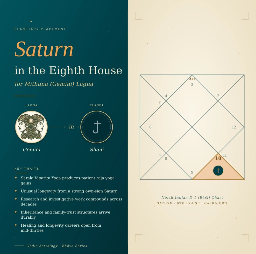 Indigo Shani in the eighth house of a Mithuna Lagna kundali in swakshetra Makara