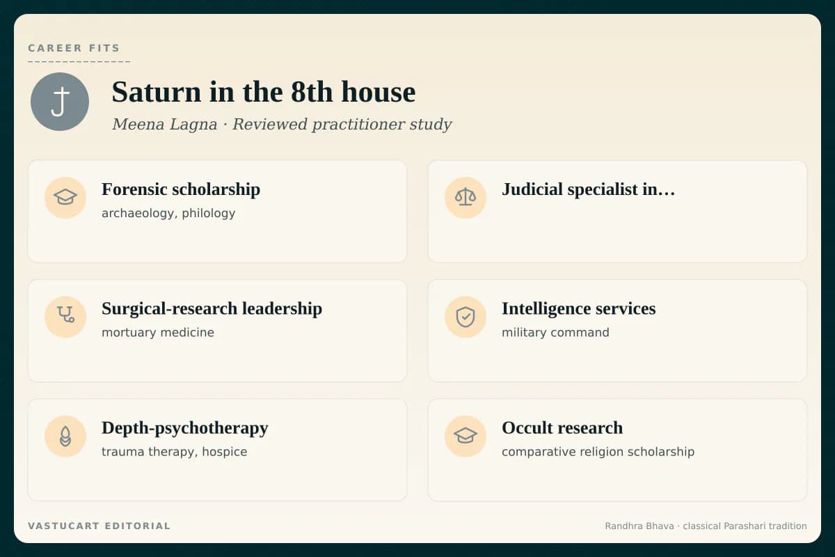 Saturn in 8th house career fits infographic for Meena Lagna natives, six depth-research paths