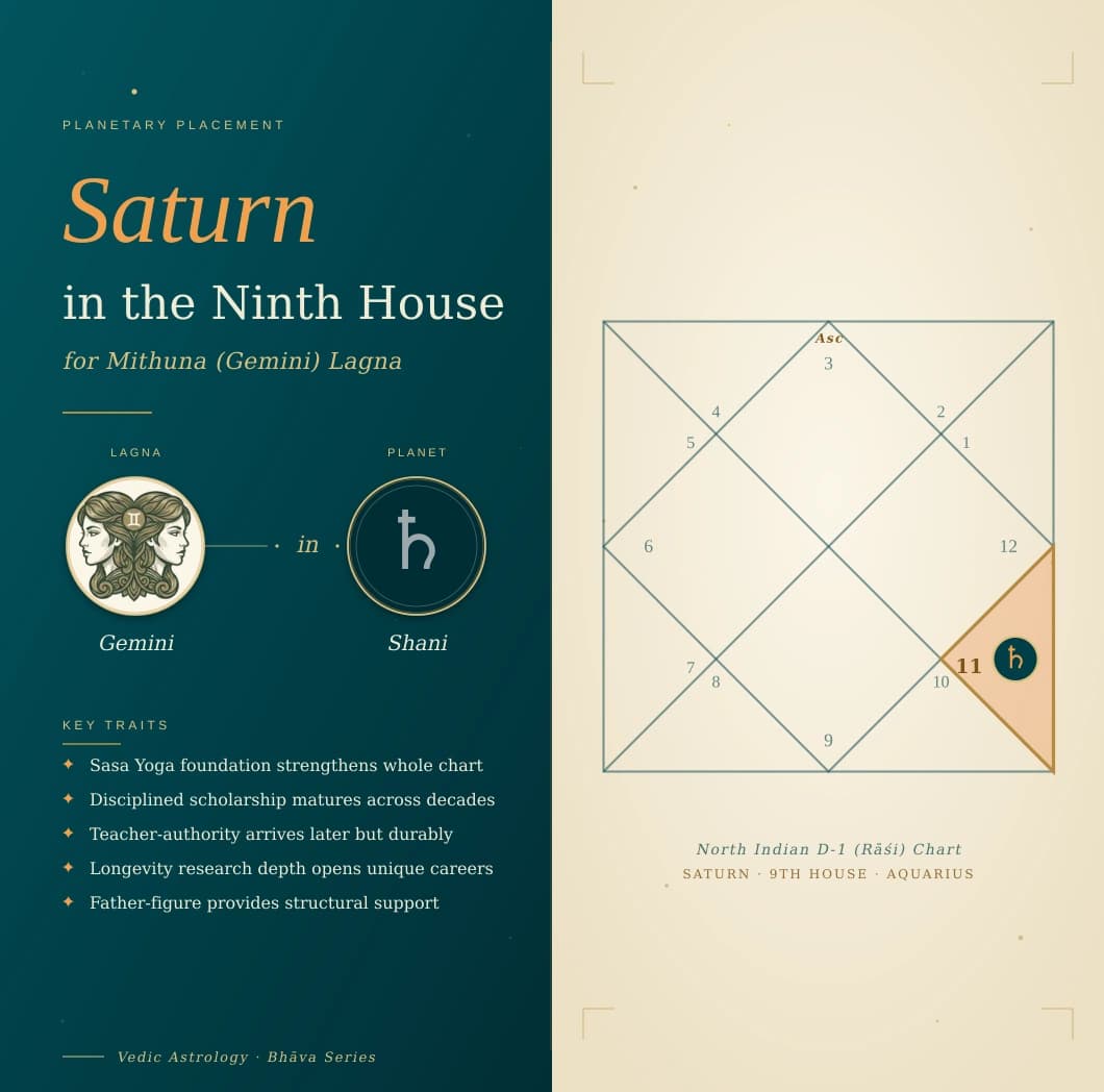 Slate Shani in the ninth house of a Mithuna Lagna kundali in Kumbha