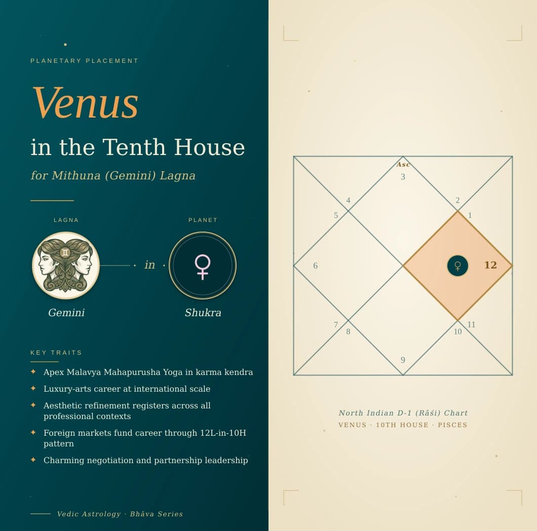 Pearl-white Shukra in the tenth house of a Mithuna Lagna kundali in Meena