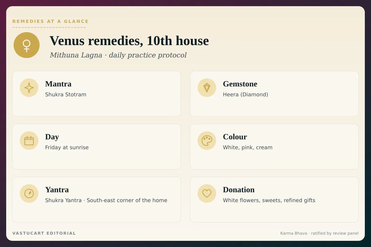 Venus 10th house remedies infographic showing mantra, gemstone, day, colour, yantra, and donation
