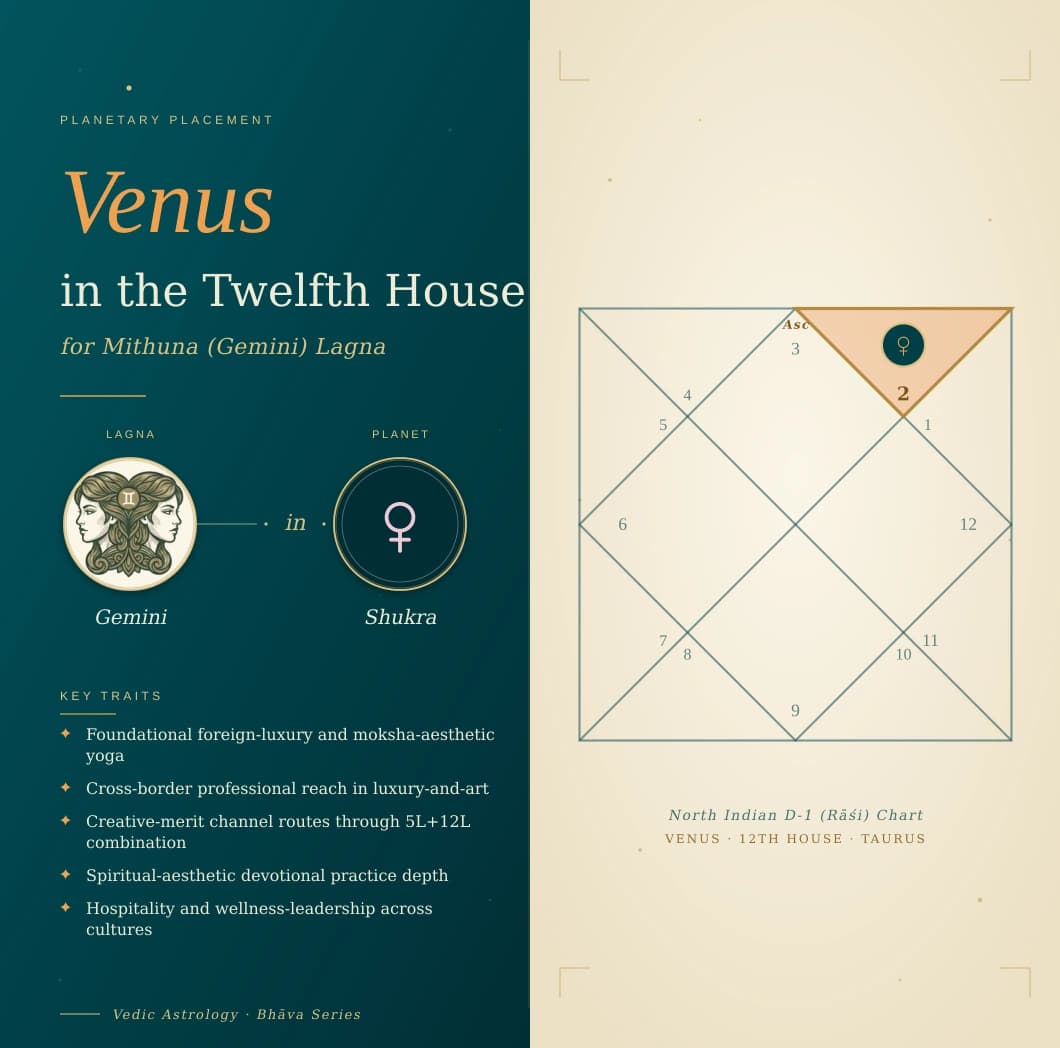 Pearl-white Shukra in the twelfth house of a Mithuna Lagna kundali in Vrishabha