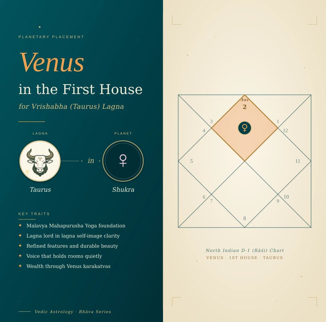 Luminous Shukra in the first house of a Vrishabha Lagna kundali in own sign