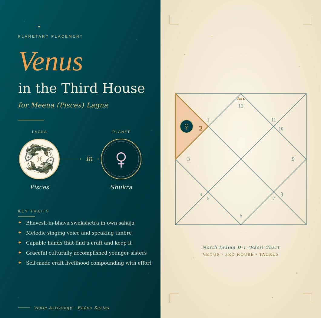 Earth-rose Shukra in the third house of a Meena Lagna kundali in own Vrishabha sign