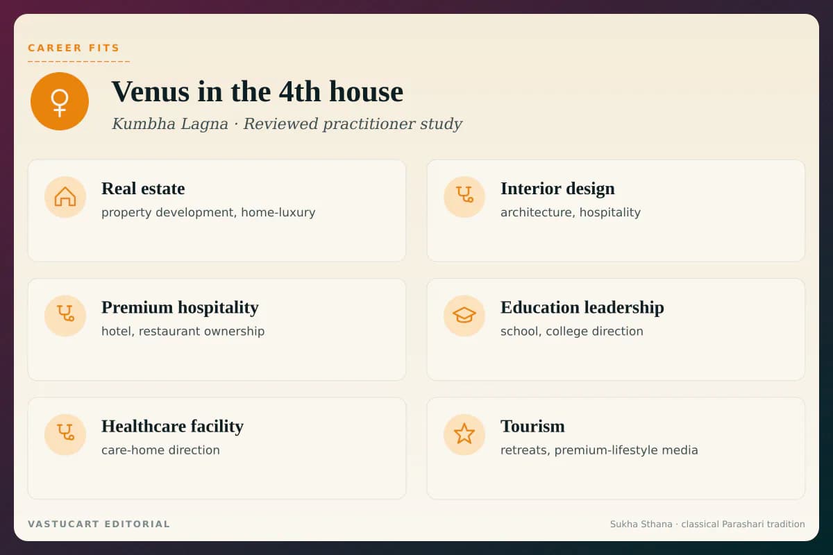 Venus in 4th house career fits infographic for Kumbha Lagna natives, six home-luxury paths