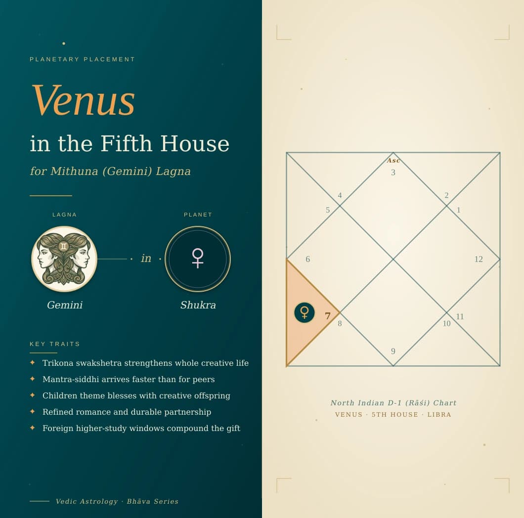 Refined Shukra in the fifth house of a Mithuna Lagna kundali in Tula