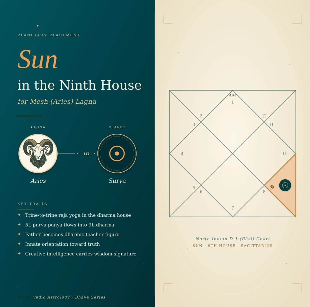 Radiant Surya in the ninth house of a Mesh Lagna kundali in Dhanu