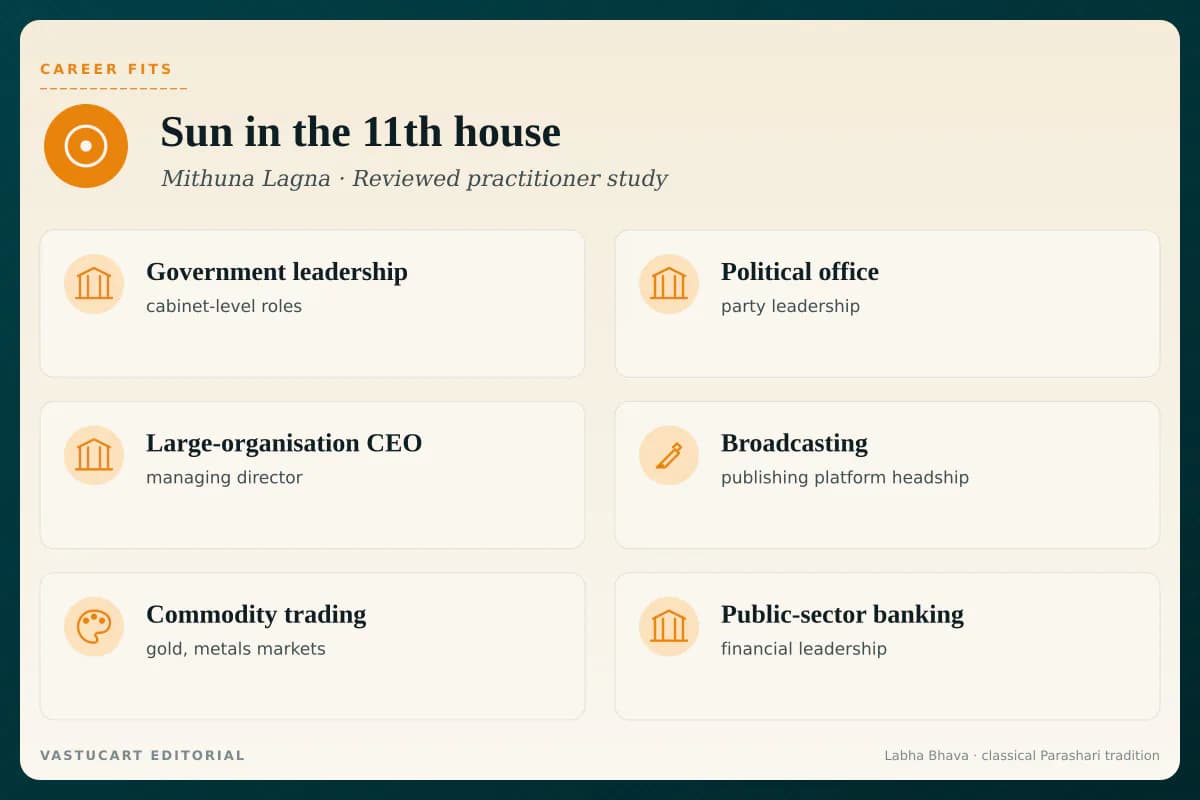 Sun in 11th house career fits infographic for Mithuna Lagna natives, six income-and-leadership paths