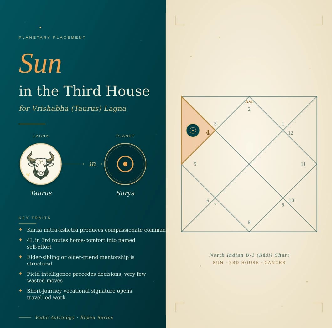 Surya in the third house of a Vrishabha Lagna kundali in friendly Karka