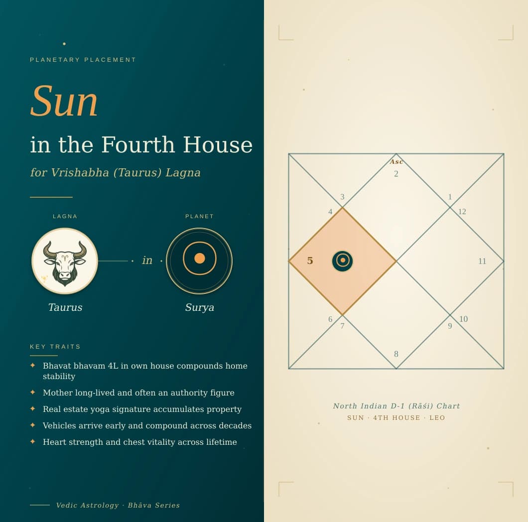 Golden Surya in the fourth house of a Vrishabha Lagna kundali in Simha