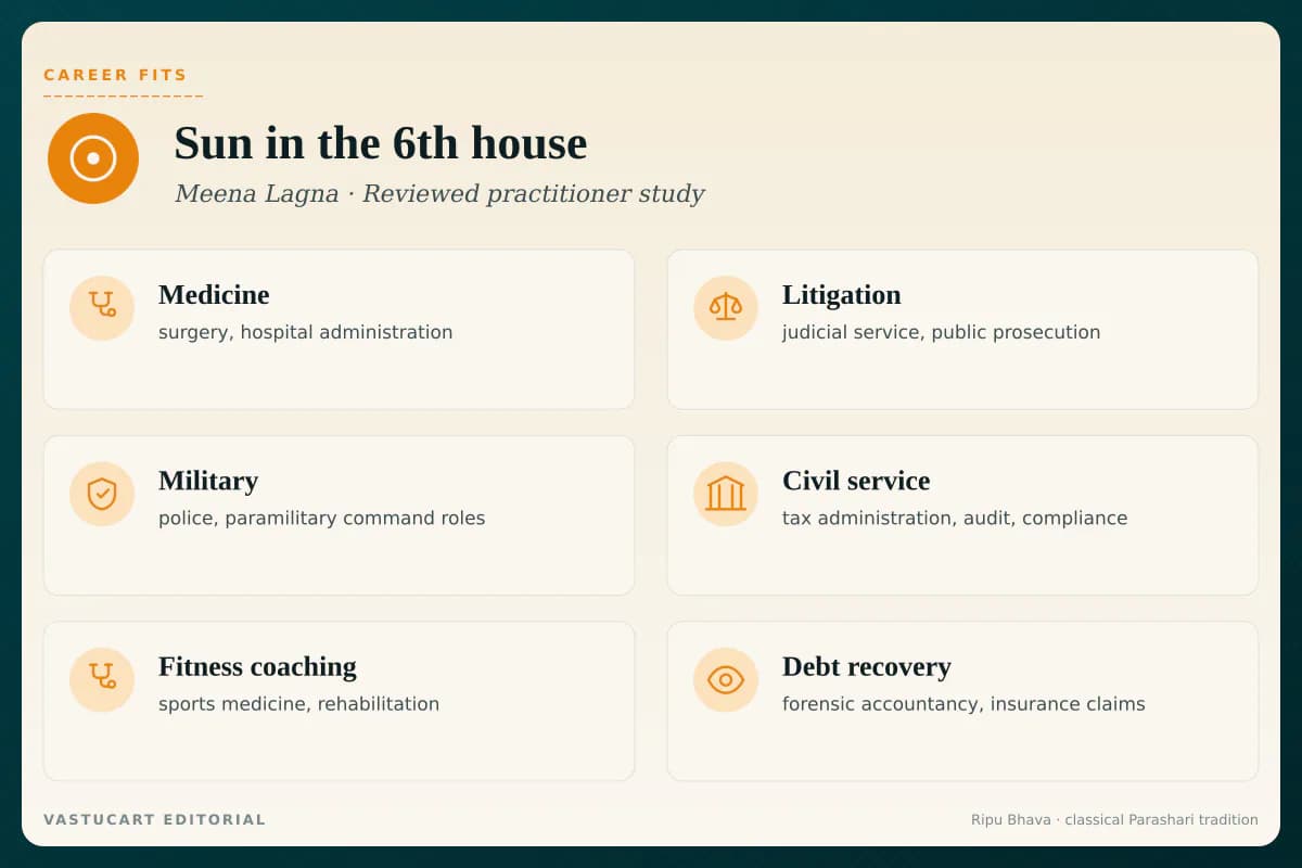 Sun in 6th house career fits infographic for Meena Lagna natives, six service-litigation paths