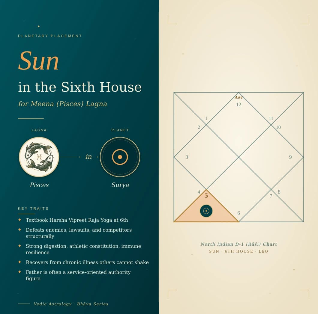 Saffron Surya in the sixth house of Meena Lagna kundali in own Simha sign