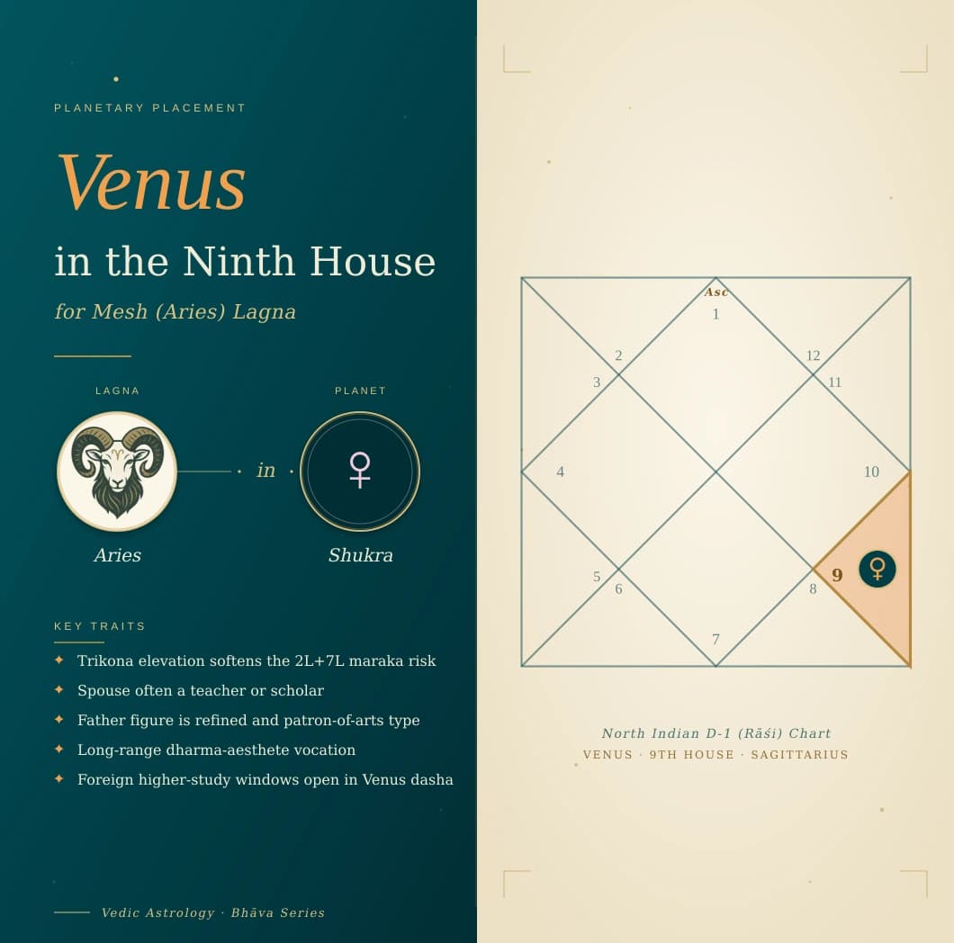 Refined Shukra in the ninth house of a Mesh Lagna kundali in Dhanu